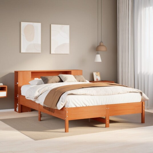 Seng med bokhylle uten madrass voksbrun 160x200 cm heltre furu 8721158616142
