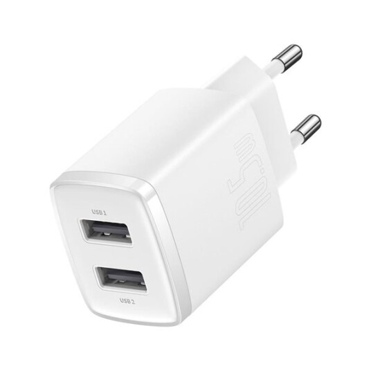 Baseus Vegglader 10W med 2 USB-porter Hvit