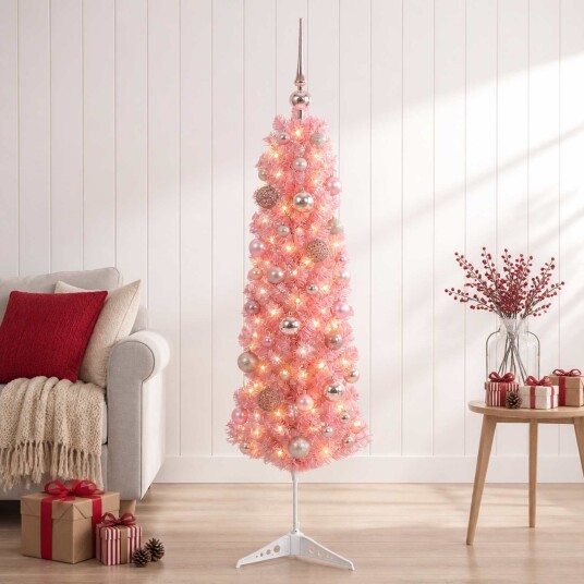 vidaXL Kunstig slankt juletre med julekuler 150 cm 150 LED-lys