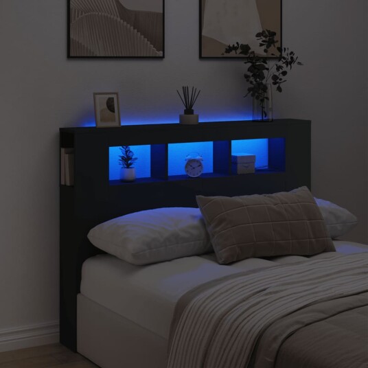 Sengegavl med LED svart 140x18,5x103,5 cm konstruert tre 8721012259294