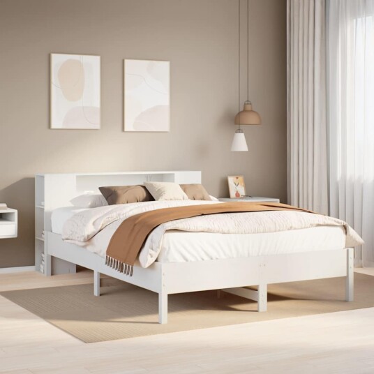 Seng med bokhylle uten madrass hvit 135x190 cm heltre furu 8721158616289
