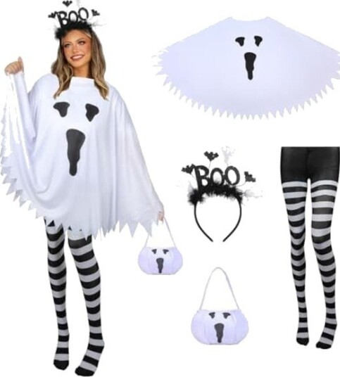 Halloween Spøkelseskostymesett med Poncho, Hodebånd, Strømpebukse og Godtepose 4 Deler