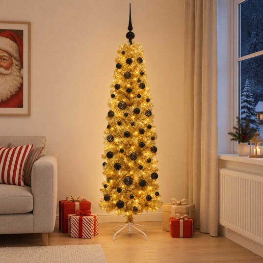 vidaXL Kunstig slank juletre med kuler 180 cm 300 LED-lys Varmhvit