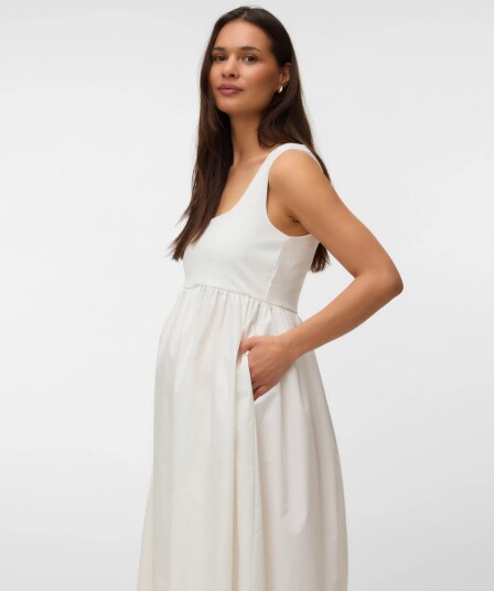 Vero Moda Maternity Vmmane Sl U Neck 7/8 2 Way Dress Jrs   White   S