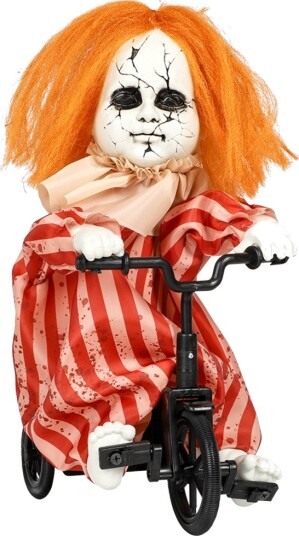 Creepy Syklende Klovnejente Dekorasjon med Bevegelse og Lyd 35 cm Skrekk og Grufest 97728