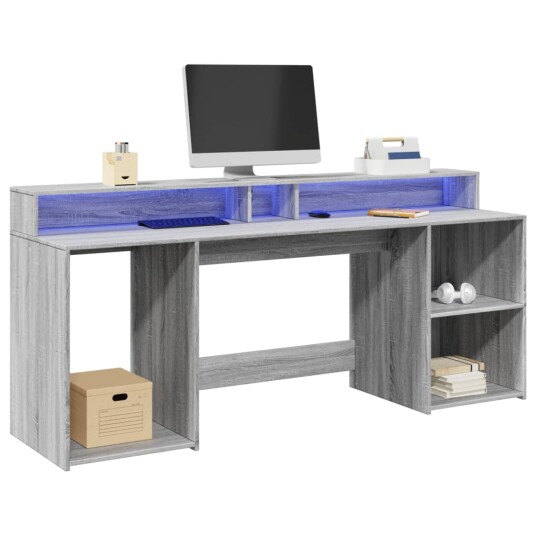 Skrivebord med LED-lys grå sonoma 200x55x91 cm konstruert tre