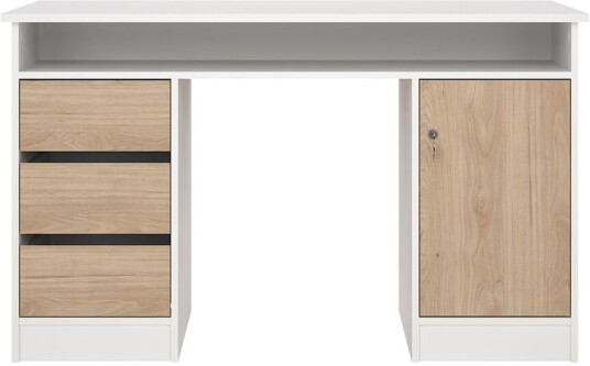 FunctionPlus skrivebord 1 hylle dør 3 skuffer hvit eik dekor.