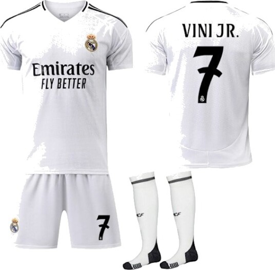 Real Madrid Hjemmedrakt Barn & Voksen Fotballdrakt Med Sokker Nr.7 VINI JR 2024-2025 Nr.7 VINI JR