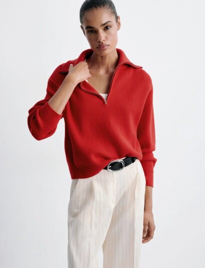Mango Sweater With Contrasting Zip Collar Red M