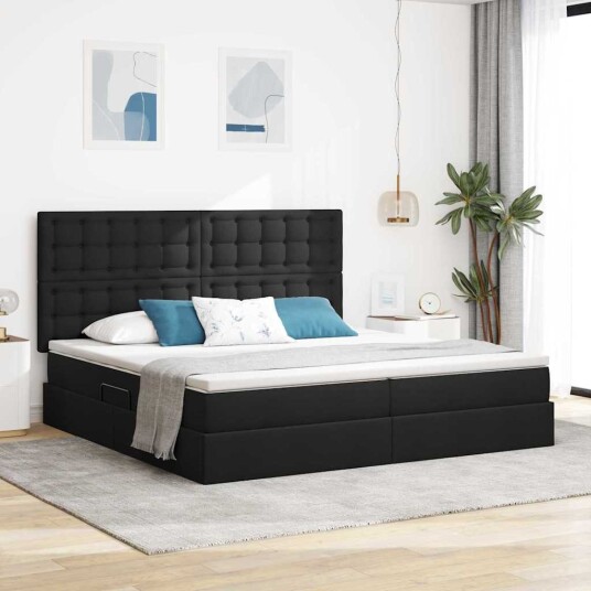 Seng med Oppbevaring med madrass Svart 200 x 200 cm Kunstlær Seng med Oppbevaring med madrass Svart 200 x 200 cm Kunstlær