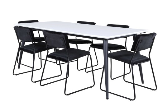 Venture Design Jimmy & Kenth spisegruppe Svart/hvit 6 stoler & bord 195 x 90 cm