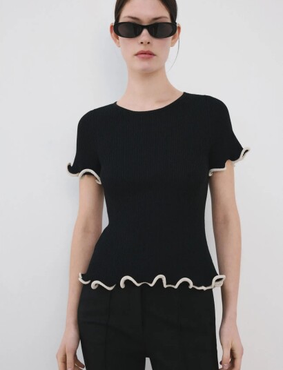 Mango Peplum Jumper With Contrasting Trims Black XS Mango Peplum Jumper With Contrasting Trims Black XS