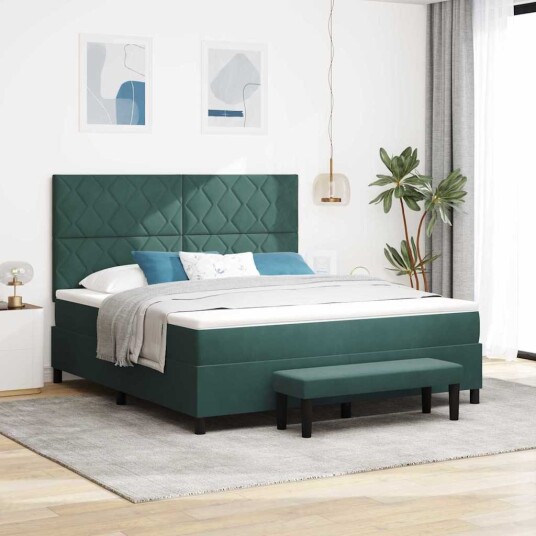 Box Spring Seng med Madrass & Benk Mørkegrønn 180x200 cm Fløyel