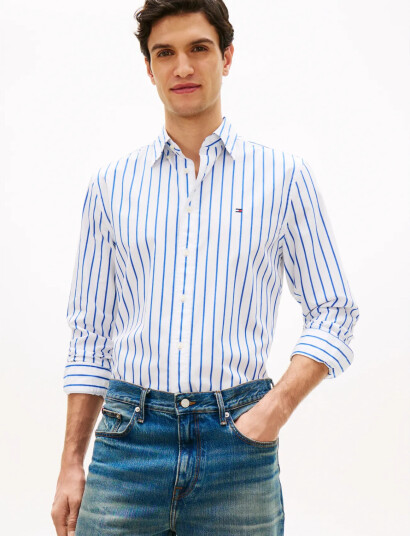 Tommy Hilfiger Flex Poplin Bold Stripe Rf Shirt   Blue   L