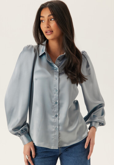 Bubbleroom Puff Sleeve Satin Shirt Närmarknad Blue 38