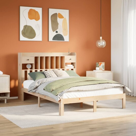 Seng med bokhylle uten madrass 140x190 cm heltre furu 8721158613806
