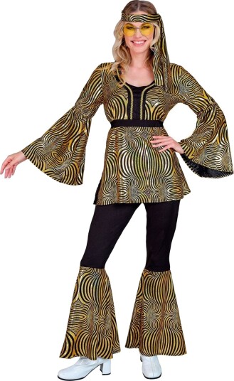 70"s Svart Hippiekostyme med Funky Gullstriper til Dame S