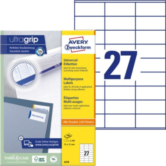 Avery Multipurpose etikett for generell bruk Ultragrip hvit 70 X 32 modell 3479 Avery Multipurpose etikett for generell bruk Ultragrip hvit 70 X 32 modell 3479