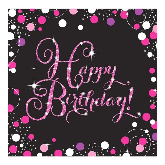Servietter Happy Birthday Svart/Rosa Glitter   16 pakning