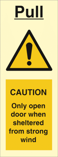 Pull- Caution Only open door when sheltered from strong wind  - Etterlysende Vinyl HI150 - 200 x 75 mm