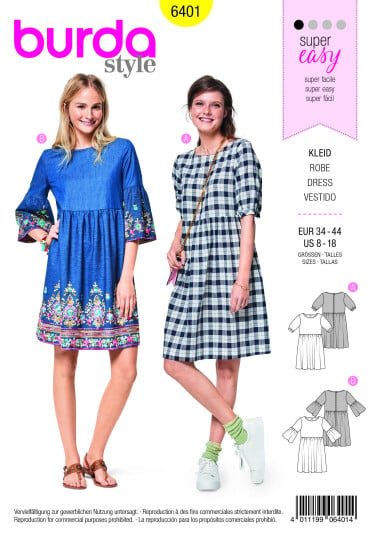 Burda 6401 - Kjole EUR: 34-44, US: 8-18