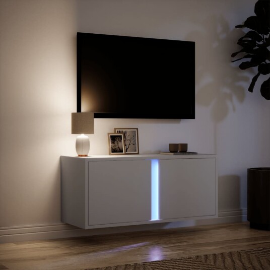 Vegghengt TV-benk med LED hvit 80x31x35 cm 852257 Vegghengt TV-benk med LED hvit 80x31x35 cm 852257