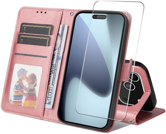 EIDERWOOD iPhone 17 Pro 2-i-1 Kunstskinn Flip Deksel med Skjermbeskyttelsesglass - Rosa