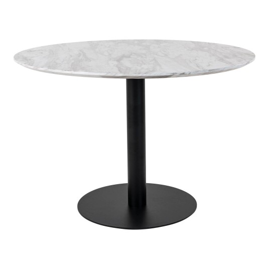 Bologna spisebord Ø110 cm marmor look, svarte ben, hvit.