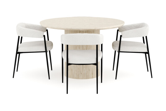 Bark Uppveda Spisegruppe 120 cm Rund med 4 Ayana Spisestoler Travertin