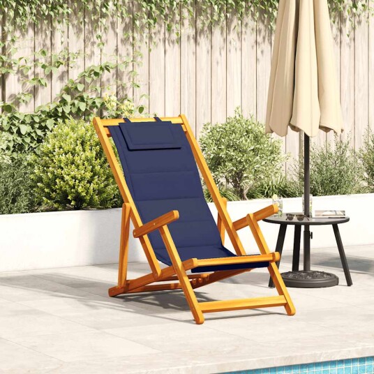 Sammenleggbar strandstol med armlener blå akasietre tekstil Sammenleggbar strandstol med armlener blå akasietre tekstil
