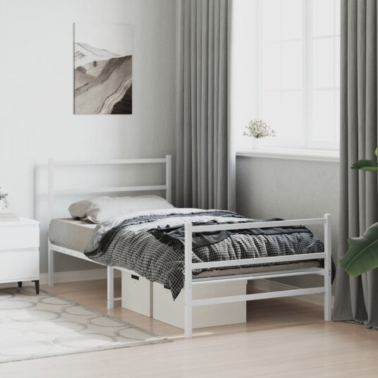 vidaXL Sengeramme i metall med hode- og fotgavl hvit 107x203 cm 8721012303256