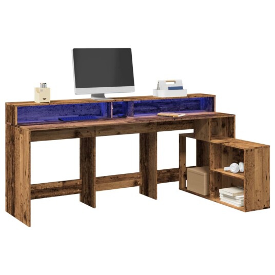 Skrivebord med LED-lys gammelt tre 200x104x91 cm konstruert tre