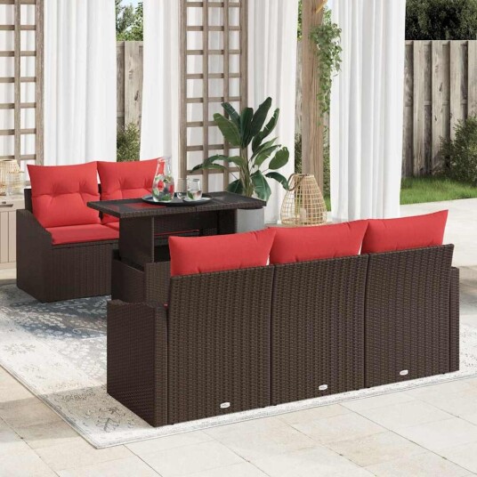 vidaXL Hagesofa Set 6 stk. 5-Antall seter Brun og rød polyrotting