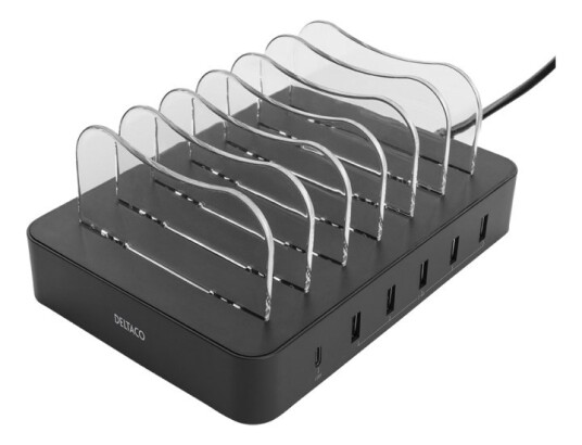 DELTACO USB charging station 5x USB-A, 1x USB-C PD, total 50 W, black