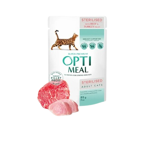 Sterilised Cats With Beef And Turkey Fillet In Jelly 12 X 85 G Katt Kattefôr Våtfôr Optimeal
