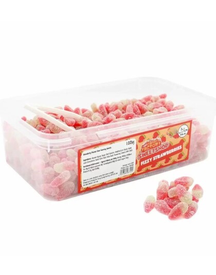 600 stk Sweetshop Fizzy Strawberries Boks med Sure Vingummijordbær 1,02 kg