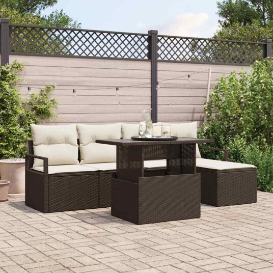 Hagesofa Set med lagring 6 pcs Brun Poly rattan