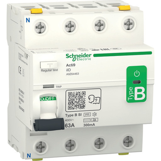 Schneider Electric Acti9 rccb earth leakage protection 4p 63a 300ma b-class-si super immun ac/dc for inst with 3p speed drive and inverter due to dc current (3606489502836)