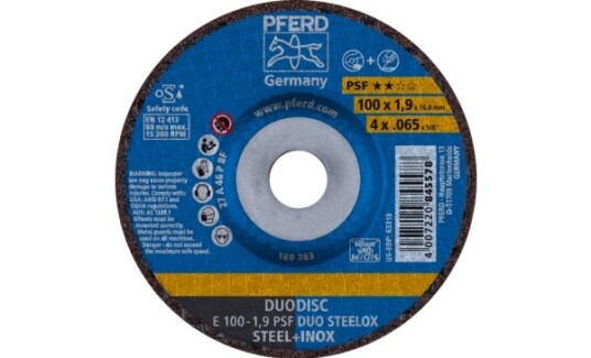 Pferd Slipeskive E 100 1,9 PSF Duo Steelox/16,0 100x1.6mm 15300 rpm 10 stk Pferd Slipeskive E 100 1,9 PSF Duo Steelox/16,0 100x1.6mm 15300 rpm 10 stk