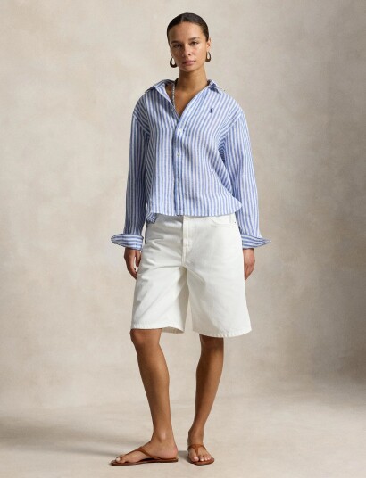 Polo Ralph Lauren Wide Cropped Gingham Linen Shirt Blue XL Polo Ralph Lauren Wide Cropped Gingham Linen Shirt Blue XL