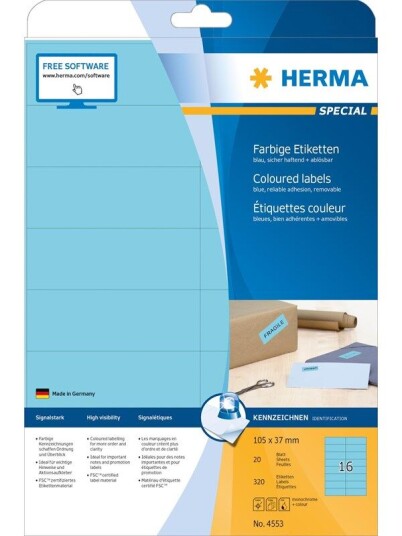 HERMA Coloured labels A4 105 x 37 mm blue removable
