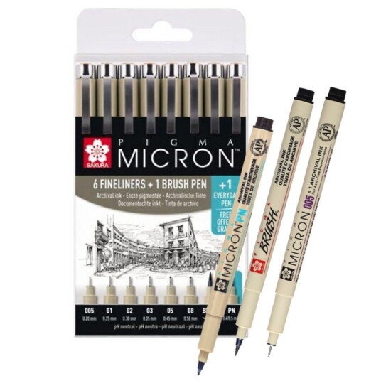 Sakura Pigma Micron Fineliner 6-set + 1 Brush Pen + 1 PN