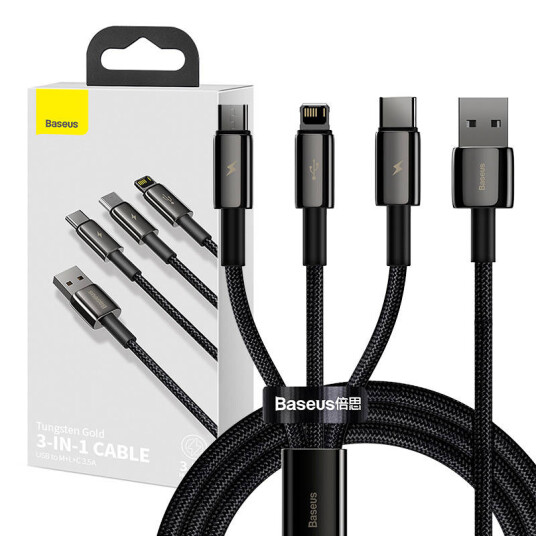 Baseus Tungsten 3-i-1 Hurtigladekabel 1,5m Sort USB-C, Lightning, MicroUSB