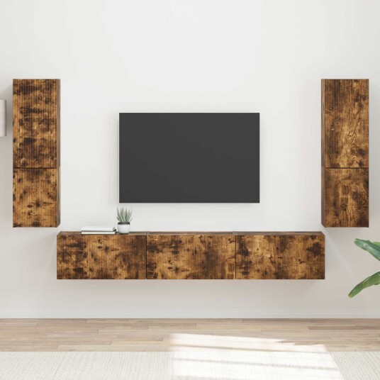 TV benksett Veggmontert 4 pcs Røkt eik Konstruert tre TV benksett Veggmontert 4 pcs Røkt eik Konstruert tre