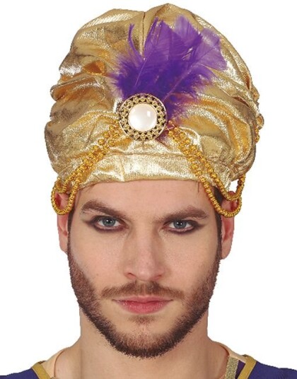 Gullfarget Turban med Perler og Fjær Gullfarget Turban med Perler og Fjær