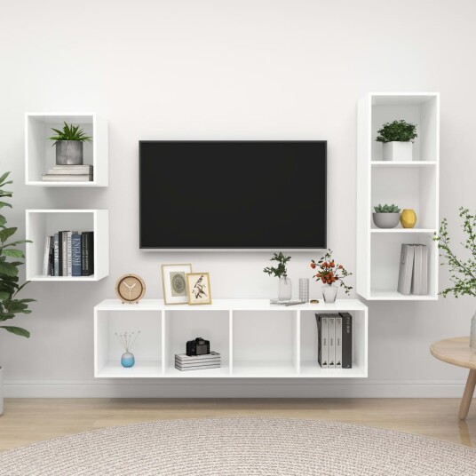 TV benksett 4 deler hvit konstruert tre TV benksett 4 deler hvit konstruert tre