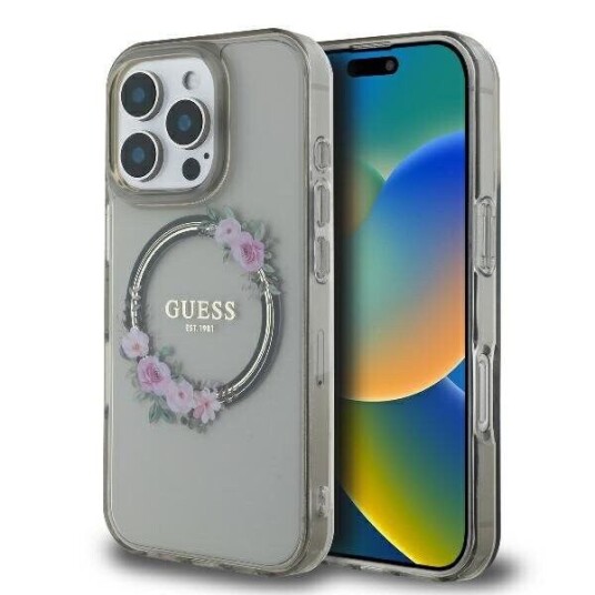 Guess iPhone 16 Pro Hardcase med MagSafe og Blomsterkrans, Svart Guess iPhone 16 Pro Hardcase med MagSafe og Blomsterkrans, Svart