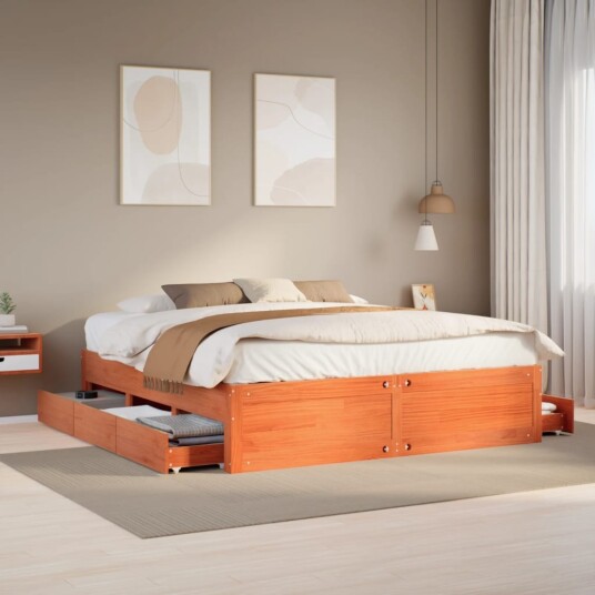 Sengeramme uten madrass med skuffer brun 180x200 cm heltre furu