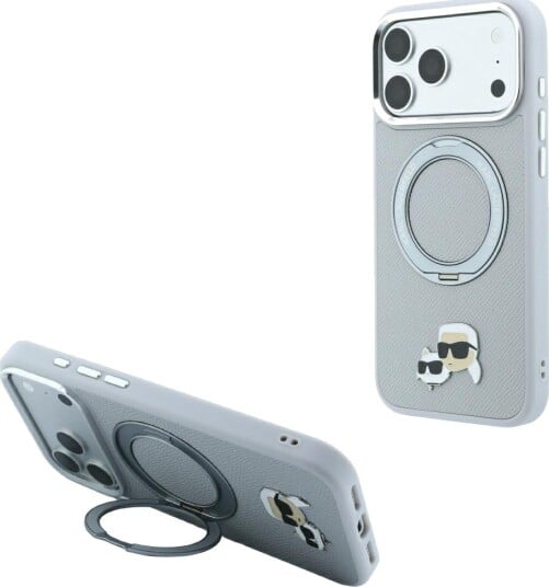 Karl Lagerfeld ringstativ 360, Karl & Choupette-hoder, MagSafe-etui til iPhone 18/17 Pro – grå