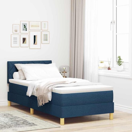 Box Spring seng med madrass & LED blå 90x190 cm stoff